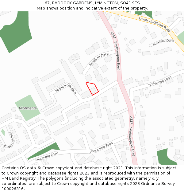 67, PADDOCK GARDENS, LYMINGTON, SO41 9ES: Location map and indicative extent of plot