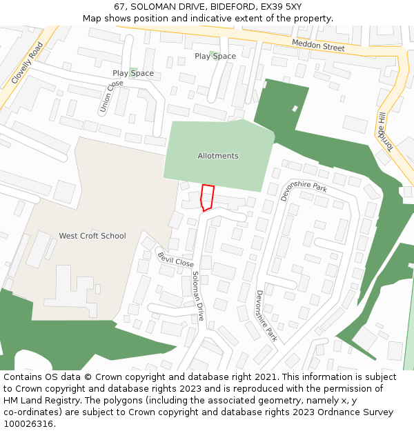 67, SOLOMAN DRIVE, BIDEFORD, EX39 5XY: Location map and indicative extent of plot