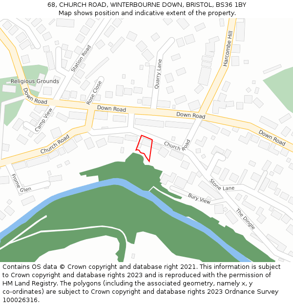 68, CHURCH ROAD, WINTERBOURNE DOWN, BRISTOL, BS36 1BY: Location map and indicative extent of plot