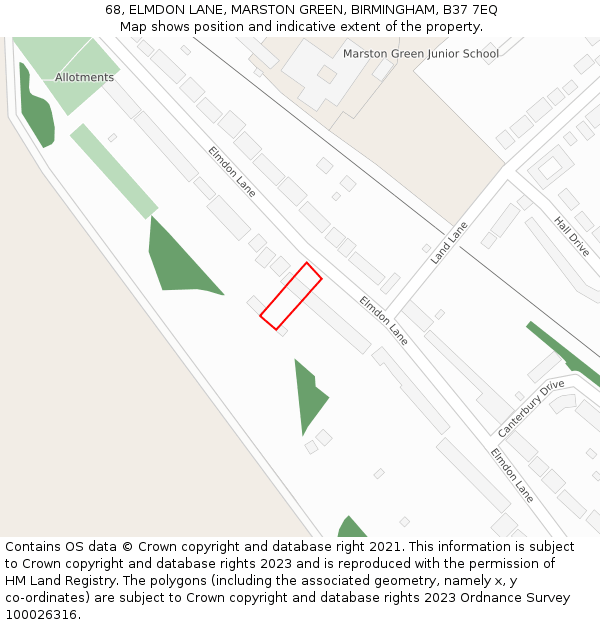 68, ELMDON LANE, MARSTON GREEN, BIRMINGHAM, B37 7EQ: Location map and indicative extent of plot