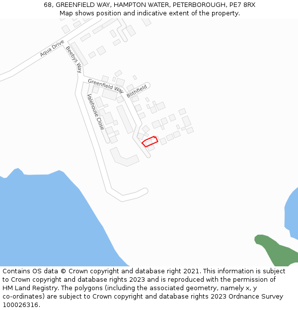 68, GREENFIELD WAY, HAMPTON WATER, PETERBOROUGH, PE7 8RX: Location map and indicative extent of plot