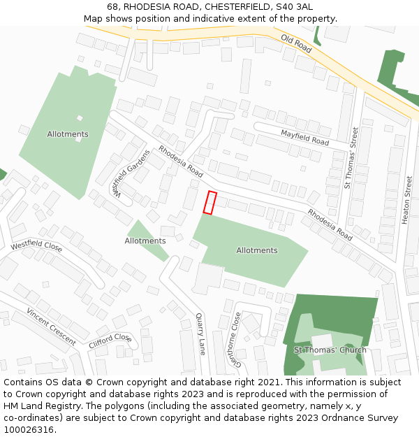 68, RHODESIA ROAD, CHESTERFIELD, S40 3AL: Location map and indicative extent of plot