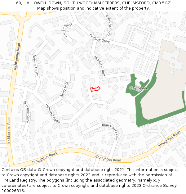 69, HALLOWELL DOWN, SOUTH WOODHAM FERRERS, CHELMSFORD, CM3 5GZ: Location map and indicative extent of plot