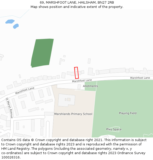 69, MARSHFOOT LANE, HAILSHAM, BN27 2RB: Location map and indicative extent of plot