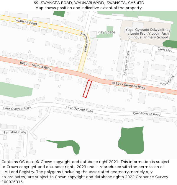 69, SWANSEA ROAD, WAUNARLWYDD, SWANSEA, SA5 4TD: Location map and indicative extent of plot