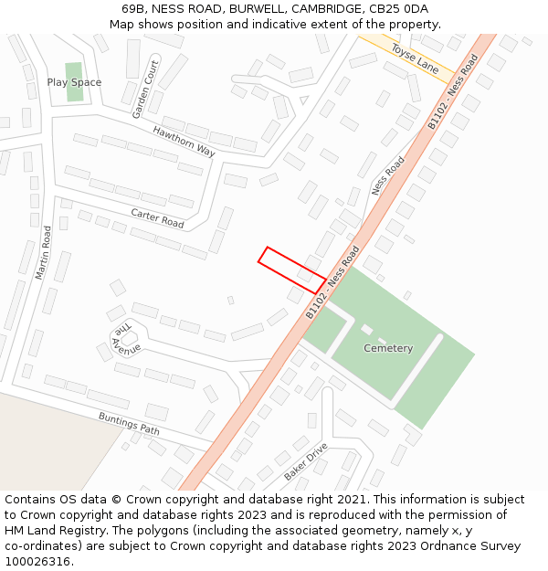 69B, NESS ROAD, BURWELL, CAMBRIDGE, CB25 0DA: Location map and indicative extent of plot