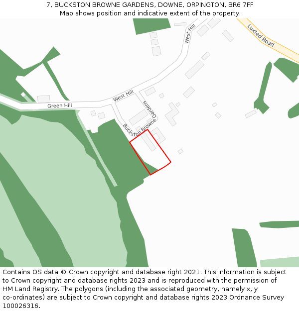 7, BUCKSTON BROWNE GARDENS, DOWNE, ORPINGTON, BR6 7FF: Location map and indicative extent of plot