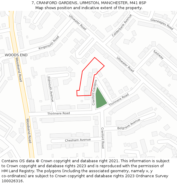 7, CRANFORD GARDENS, URMSTON, MANCHESTER, M41 8SP: Location map and indicative extent of plot