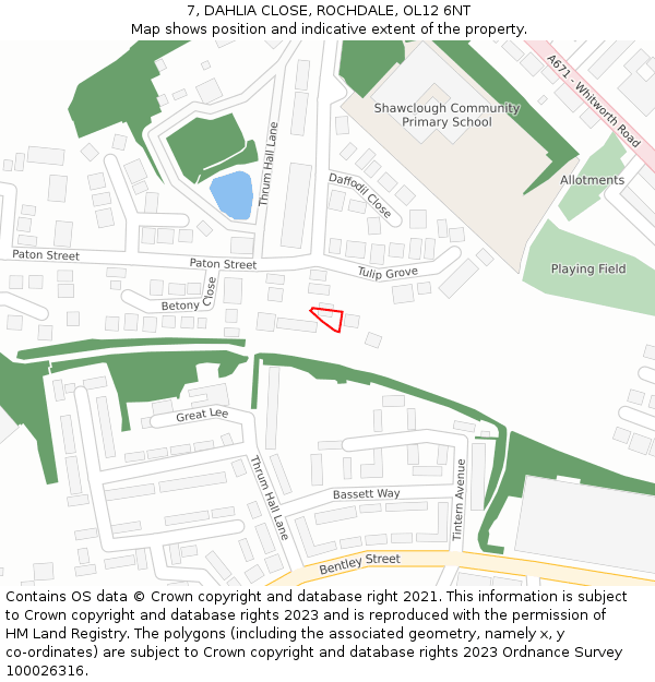 7, DAHLIA CLOSE, ROCHDALE, OL12 6NT: Location map and indicative extent of plot