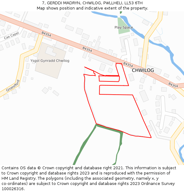 7, GERDDI MADRYN, CHWILOG, PWLLHELI, LL53 6TH: Location map and indicative extent of plot