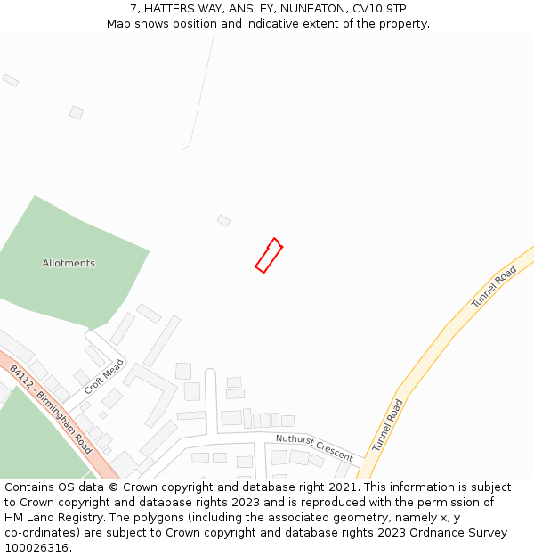 7, HATTERS WAY, ANSLEY, NUNEATON, CV10 9TP: Location map and indicative extent of plot