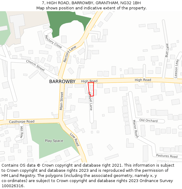 7, HIGH ROAD, BARROWBY, GRANTHAM, NG32 1BH: Location map and indicative extent of plot