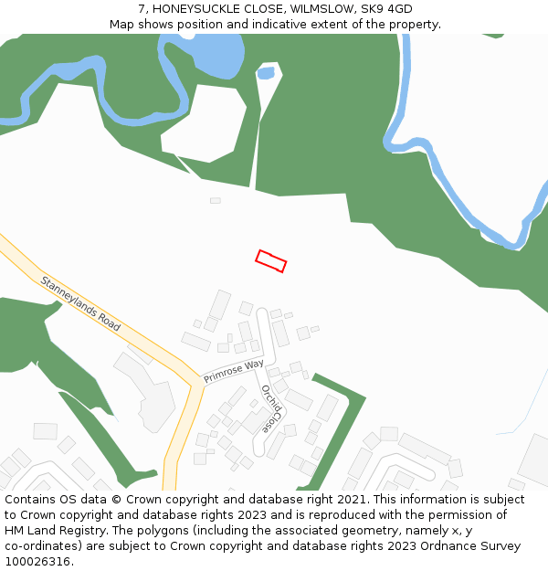 7, HONEYSUCKLE CLOSE, WILMSLOW, SK9 4GD: Location map and indicative extent of plot