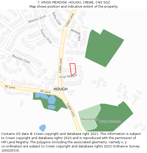 7, KINGS MEADOW, HOUGH, CREWE, CW2 5GZ: Location map and indicative extent of plot