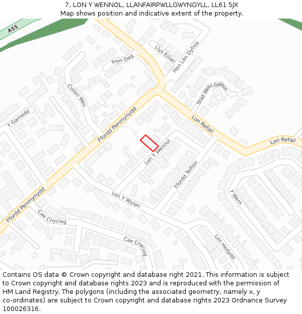 7, LON Y WENNOL, LLANFAIRPWLLGWYNGYLL, LL61 5JX: Location map and indicative extent of plot