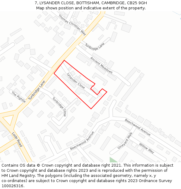 7, LYSANDER CLOSE, BOTTISHAM, CAMBRIDGE, CB25 9GH: Location map and indicative extent of plot