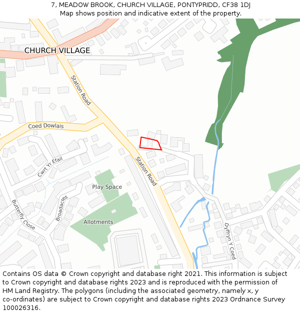 7, MEADOW BROOK, CHURCH VILLAGE, PONTYPRIDD, CF38 1DJ: Location map and indicative extent of plot