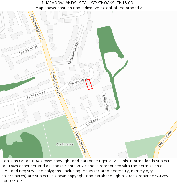 7, MEADOWLANDS, SEAL, SEVENOAKS, TN15 0DH: Location map and indicative extent of plot