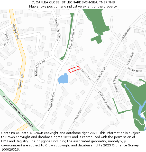 7, OAKLEA CLOSE, ST LEONARDS-ON-SEA, TN37 7HB: Location map and indicative extent of plot