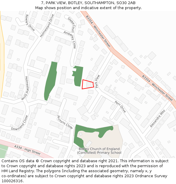 7, PARK VIEW, BOTLEY, SOUTHAMPTON, SO30 2AB: Location map and indicative extent of plot