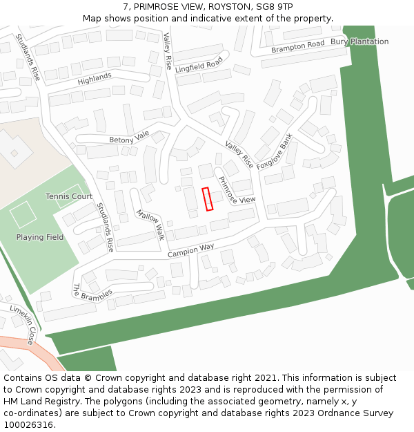 7, PRIMROSE VIEW, ROYSTON, SG8 9TP: Location map and indicative extent of plot