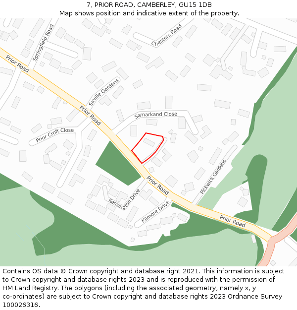 7, PRIOR ROAD, CAMBERLEY, GU15 1DB: Location map and indicative extent of plot