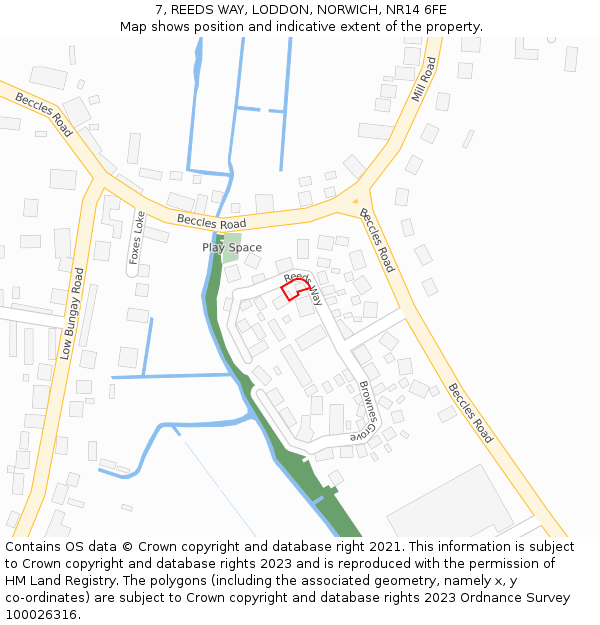 7, REEDS WAY, LODDON, NORWICH, NR14 6FE: Location map and indicative extent of plot