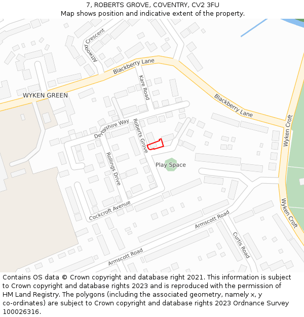 7, ROBERTS GROVE, COVENTRY, CV2 3FU: Location map and indicative extent of plot