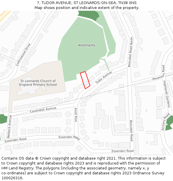 7, TUDOR AVENUE, ST LEONARDS-ON-SEA, TN38 0NS: Location map and indicative extent of plot