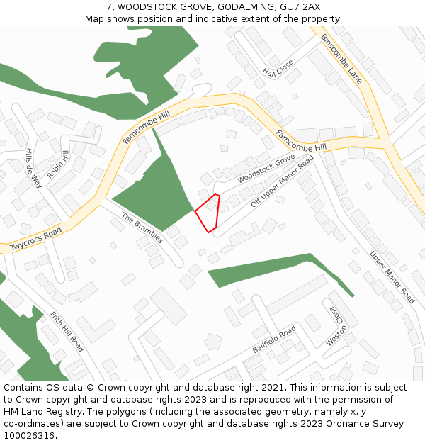 7, WOODSTOCK GROVE, GODALMING, GU7 2AX: Location map and indicative extent of plot