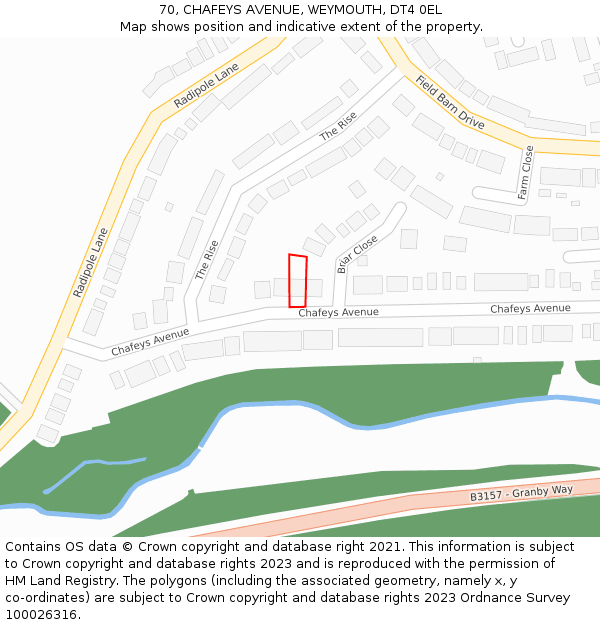 70, CHAFEYS AVENUE, WEYMOUTH, DT4 0EL: Location map and indicative extent of plot