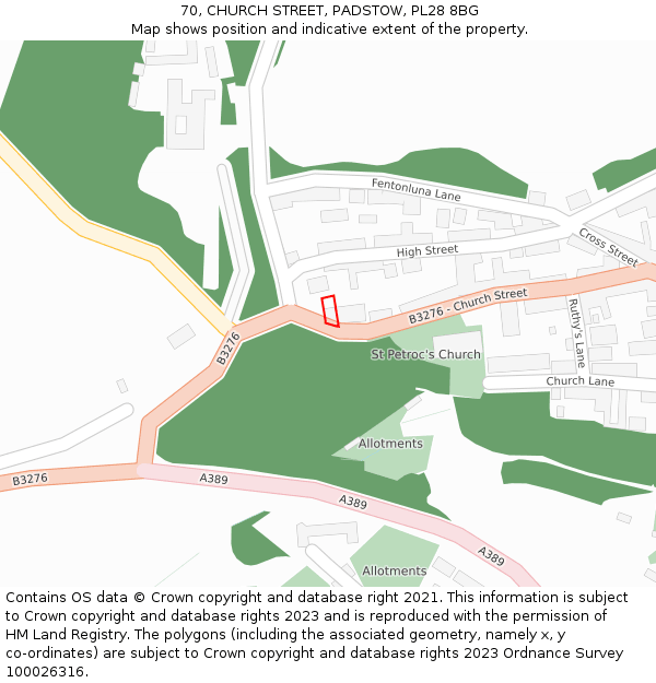 70, CHURCH STREET, PADSTOW, PL28 8BG: Location map and indicative extent of plot