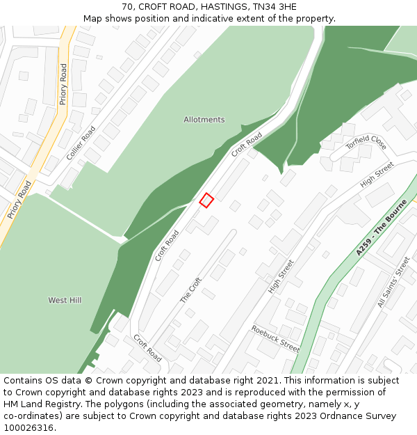 70, CROFT ROAD, HASTINGS, TN34 3HE: Location map and indicative extent of plot