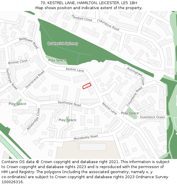 70, KESTREL LANE, HAMILTON, LEICESTER, LE5 1BH: Location map and indicative extent of plot