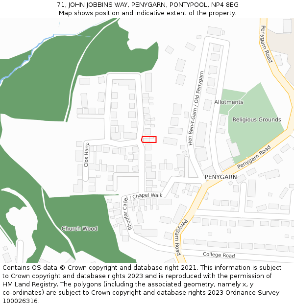 71, JOHN JOBBINS WAY, PENYGARN, PONTYPOOL, NP4 8EG: Location map and indicative extent of plot