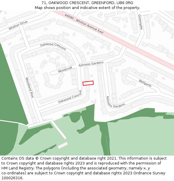 71, OAKWOOD CRESCENT, GREENFORD, UB6 0RG: Location map and indicative extent of plot