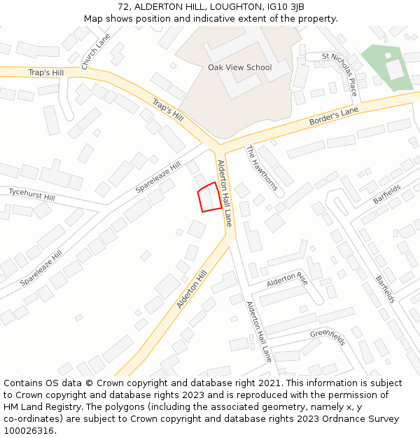 72, ALDERTON HILL, LOUGHTON, IG10 3JB: Location map and indicative extent of plot