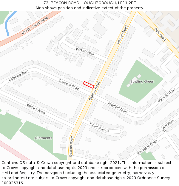 73, BEACON ROAD, LOUGHBOROUGH, LE11 2BE: Location map and indicative extent of plot