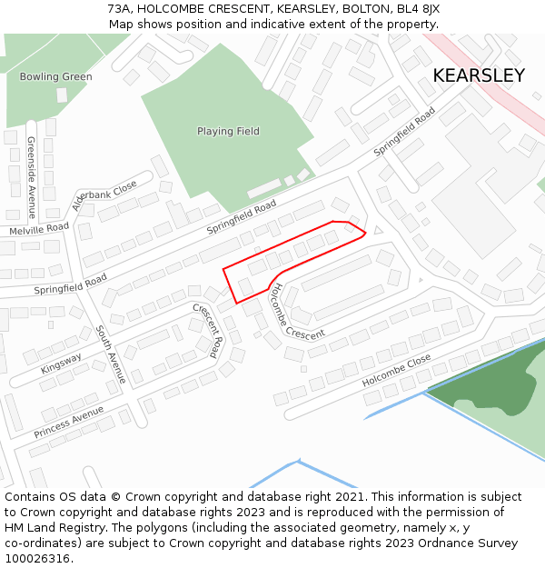 73A, HOLCOMBE CRESCENT, KEARSLEY, BOLTON, BL4 8JX: Location map and indicative extent of plot