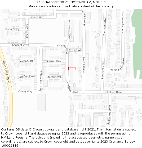 74, CHALFONT DRIVE, NOTTINGHAM, NG8 3LT: Location map and indicative extent of plot