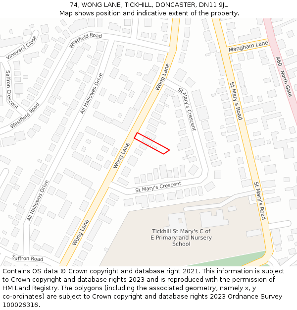 74, WONG LANE, TICKHILL, DONCASTER, DN11 9JL: Location map and indicative extent of plot