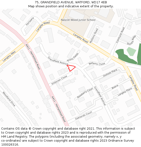 75, GRANDFIELD AVENUE, WATFORD, WD17 4EB: Location map and indicative extent of plot