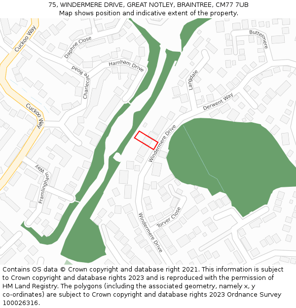 75, WINDERMERE DRIVE, GREAT NOTLEY, BRAINTREE, CM77 7UB: Location map and indicative extent of plot