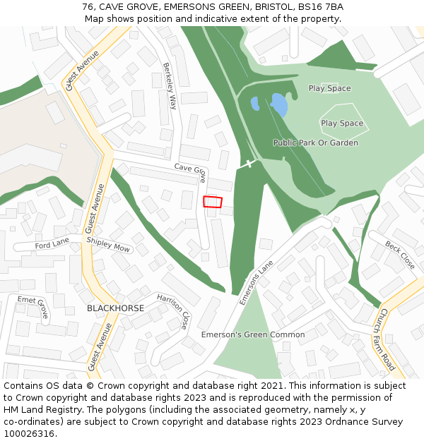 76, CAVE GROVE, EMERSONS GREEN, BRISTOL, BS16 7BA: Location map and indicative extent of plot