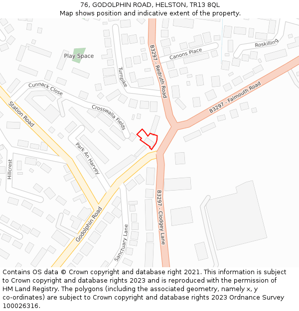 76, GODOLPHIN ROAD, HELSTON, TR13 8QL: Location map and indicative extent of plot