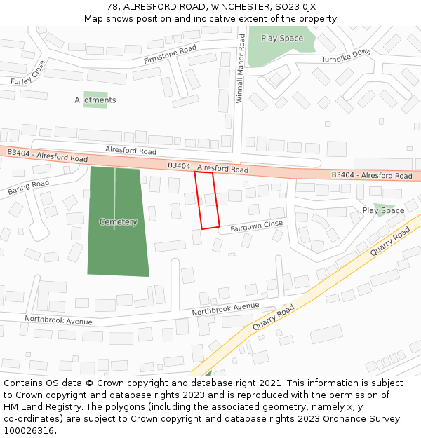 78, ALRESFORD ROAD, WINCHESTER, SO23 0JX: Location map and indicative extent of plot