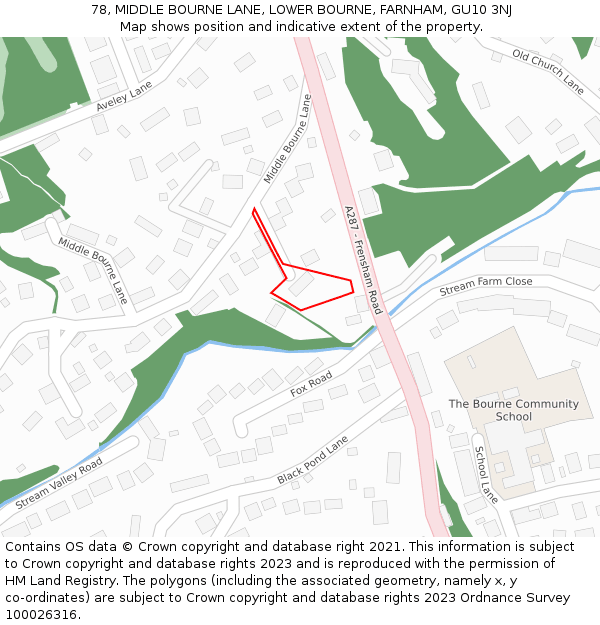 78, MIDDLE BOURNE LANE, LOWER BOURNE, FARNHAM, GU10 3NJ: Location map and indicative extent of plot