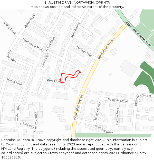 8, AUSTIN DRIVE, NORTHWICH, CW8 4TA: Location map and indicative extent of plot