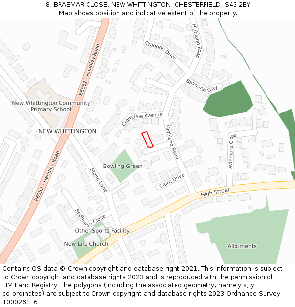 8, BRAEMAR CLOSE, NEW WHITTINGTON, CHESTERFIELD, S43 2EY: Location map and indicative extent of plot