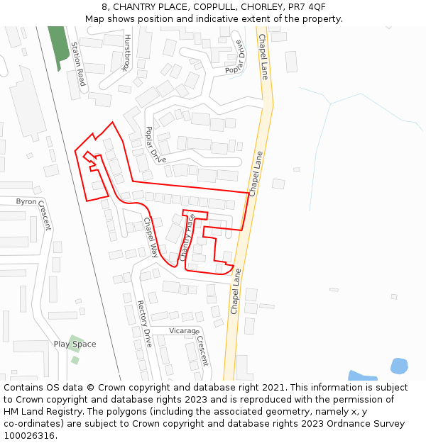 8, CHANTRY PLACE, COPPULL, CHORLEY, PR7 4QF: Location map and indicative extent of plot